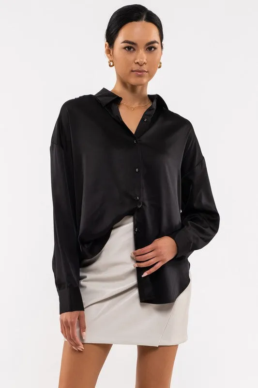 Black Satin Button Up Top