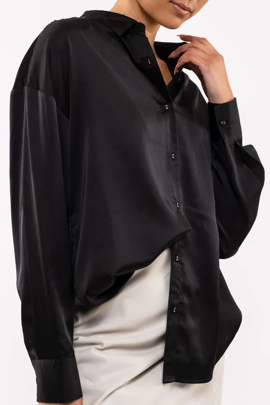 Black Satin Button Up Top