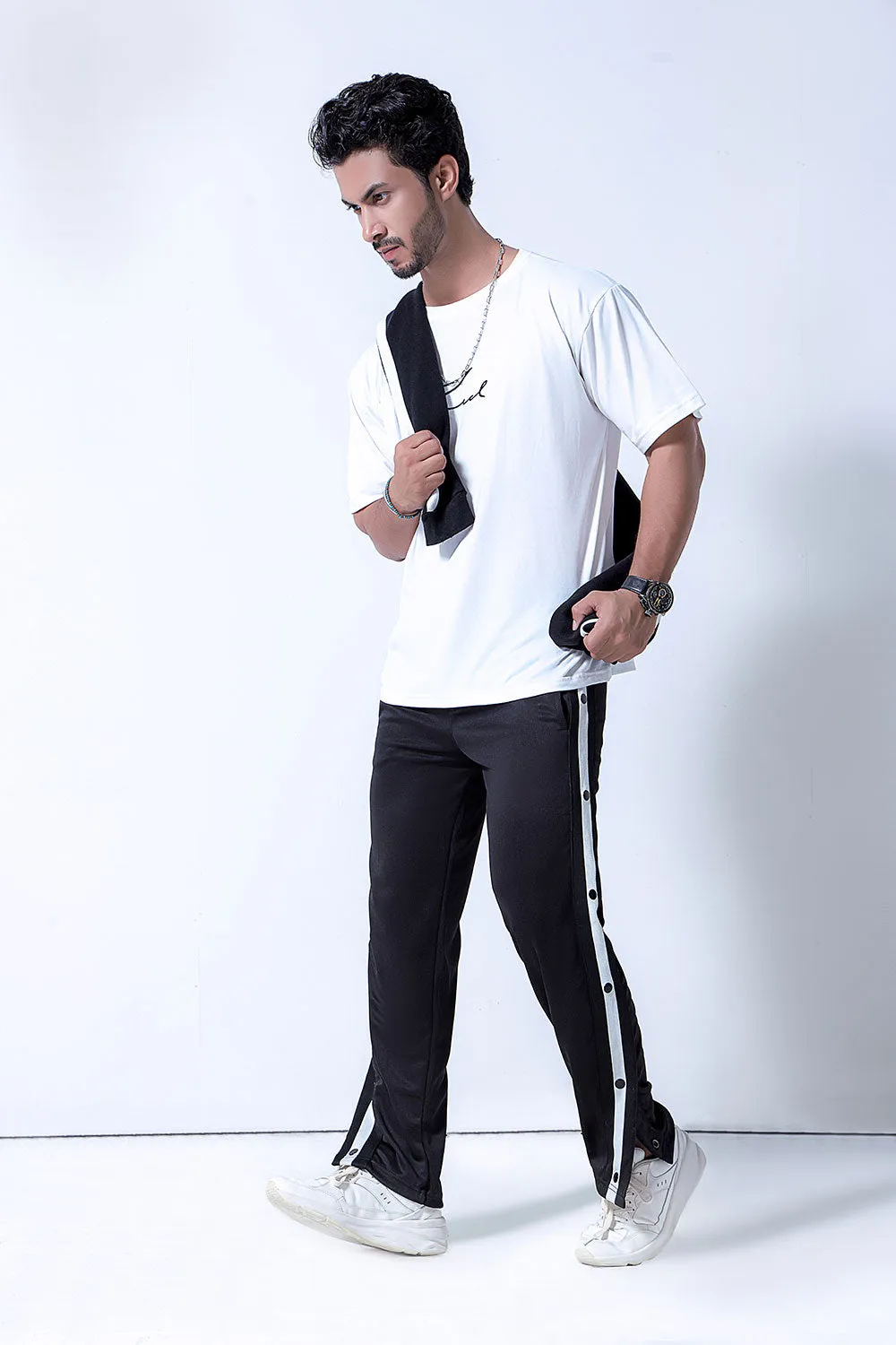 Black Side Tape Popper Tricot Joggers
