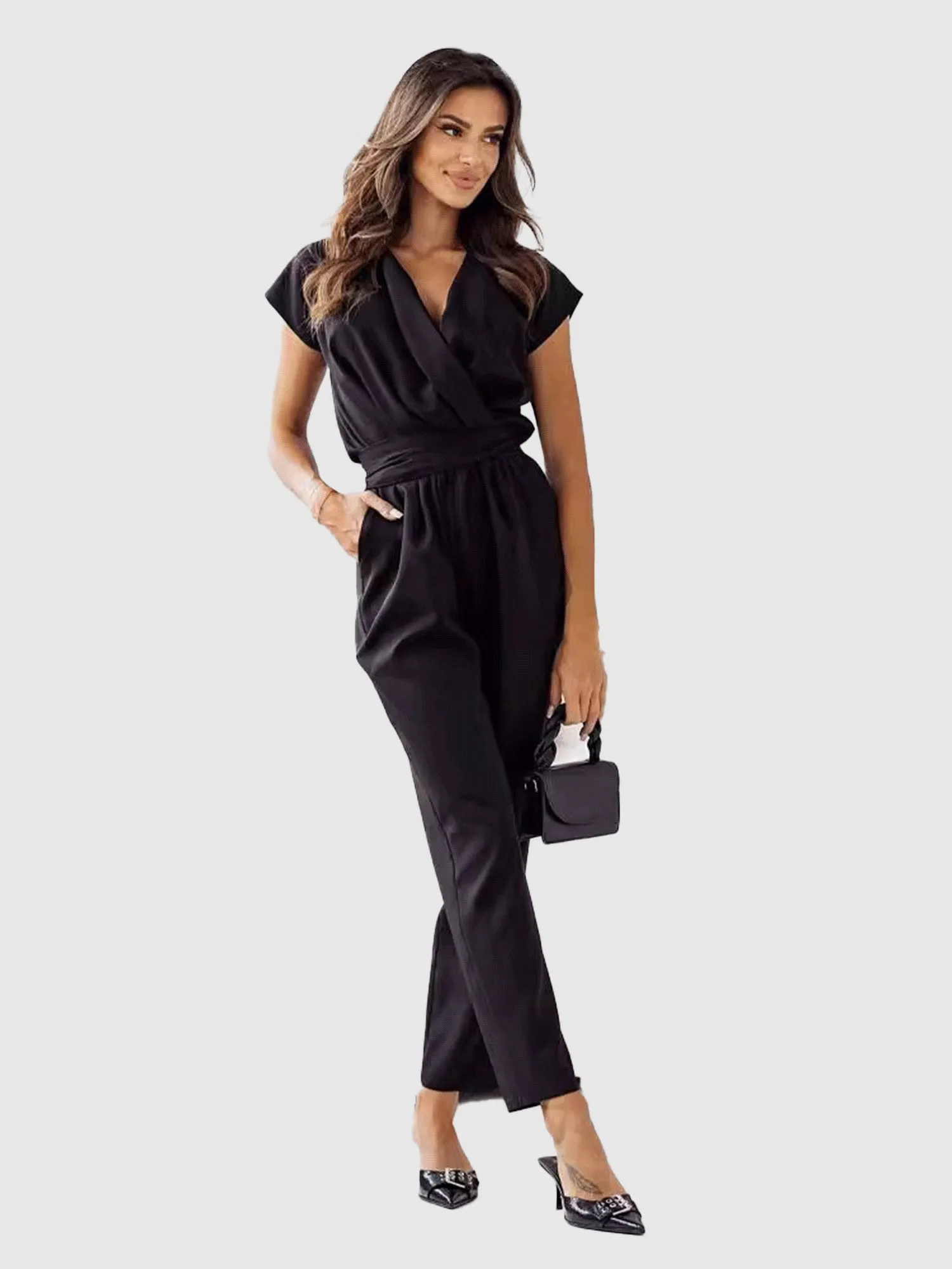 Black Solid Wrap Jumpsuit