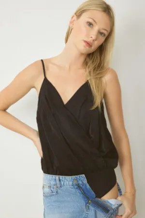 Black Surplice Pleated Bodysuit Tank
