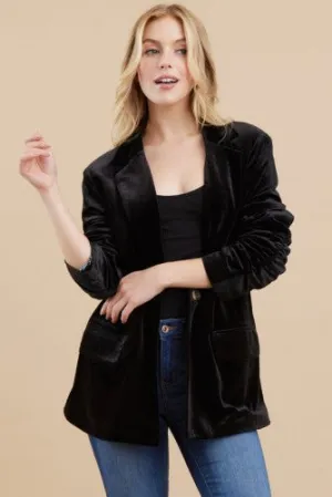 Black Velvet Ruched Sleeve Blazer