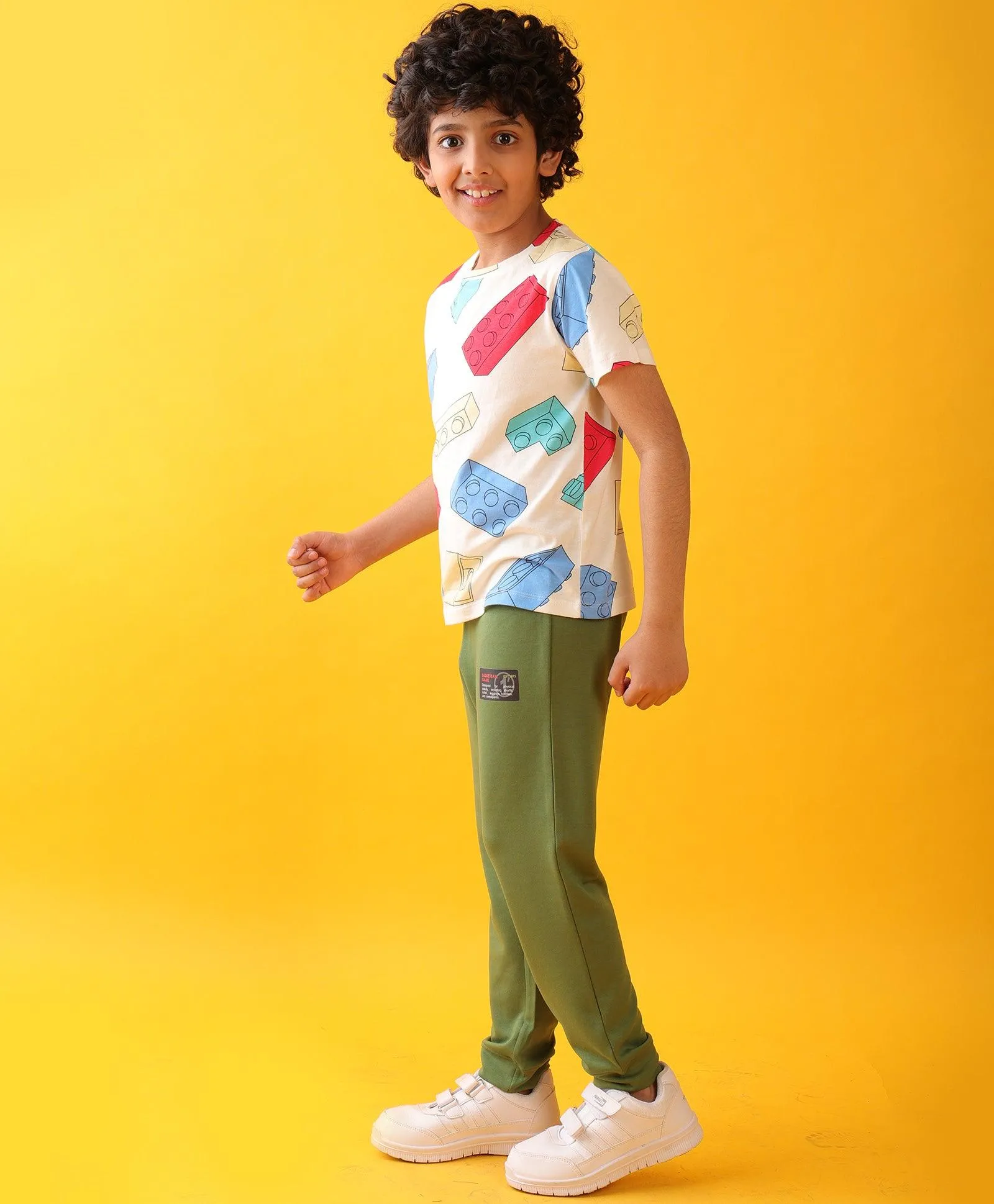 BLOCK BUILDER OLIVE BOYS SUMMER JOGGER SET - WHITE/OLIVE
