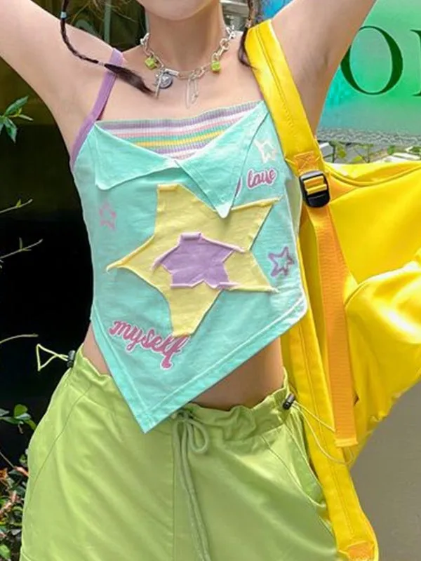 Blue Y2k Star Patch Asymmetric Cami Top