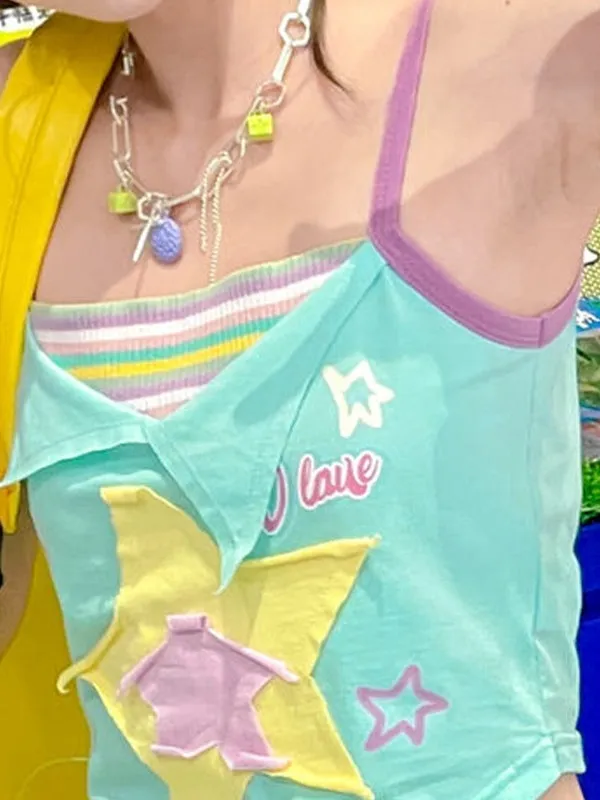 Blue Y2k Star Patch Asymmetric Cami Top