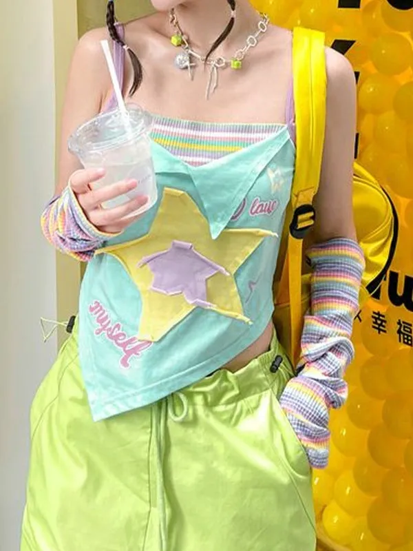 Blue Y2k Star Patch Asymmetric Cami Top