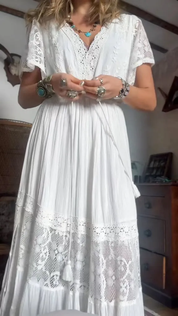 Bohemian Cutout V Neck Maxi Dress