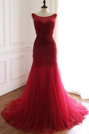 Burgundy Tulle Open Back Beaded Long Mermaid Prom Dress