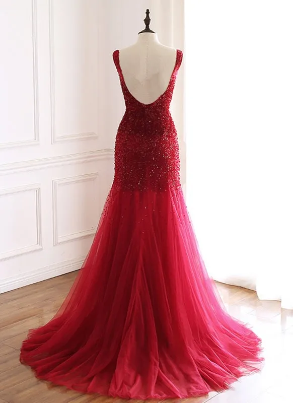 Burgundy Tulle Open Back Beaded Long Mermaid Prom Dress