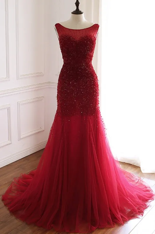 Burgundy Tulle Open Back Beaded Long Mermaid Prom Dress