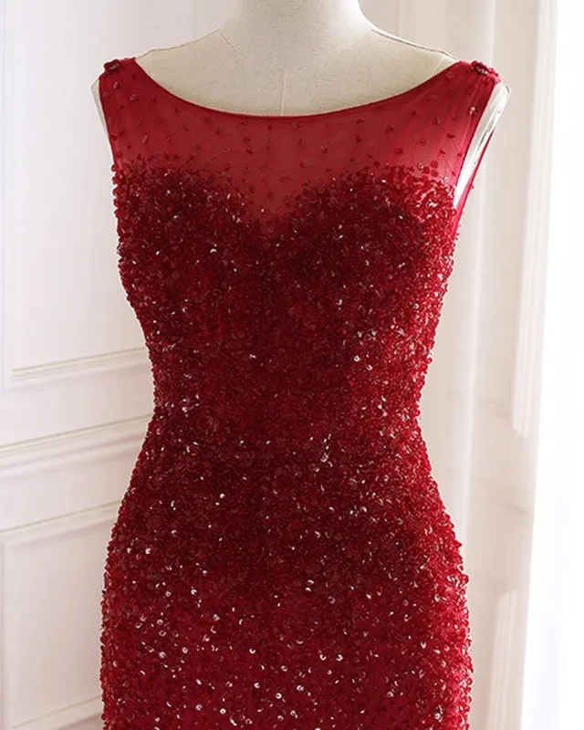 Burgundy Tulle Open Back Beaded Long Mermaid Prom Dress