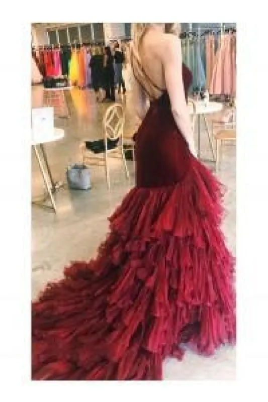 Burgundy Tulle Velvet Long Mermaid Dress Formal Prom Dress