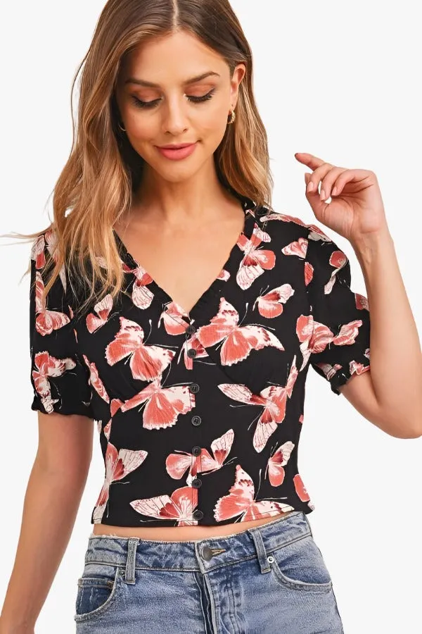 Butterfly Vneck Crop Smocked Back Waist