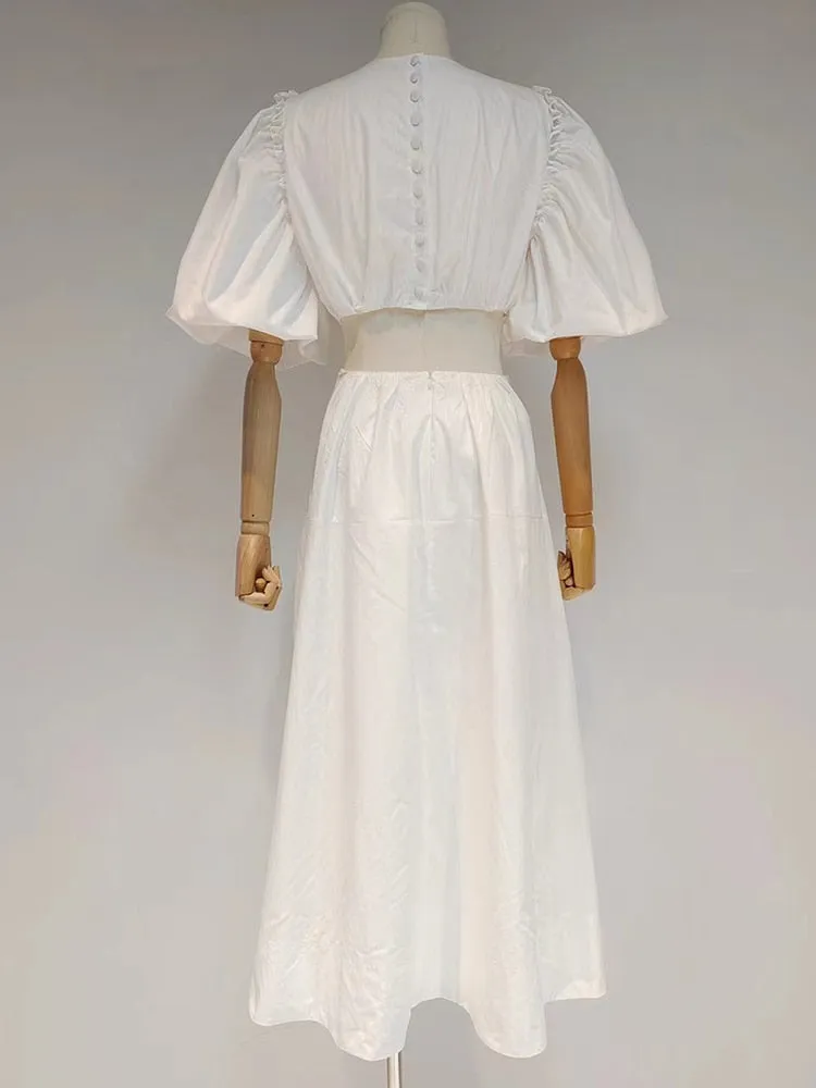 Casual Plain Cut Out Dress For Women Round Neck Short Puff Sleeve