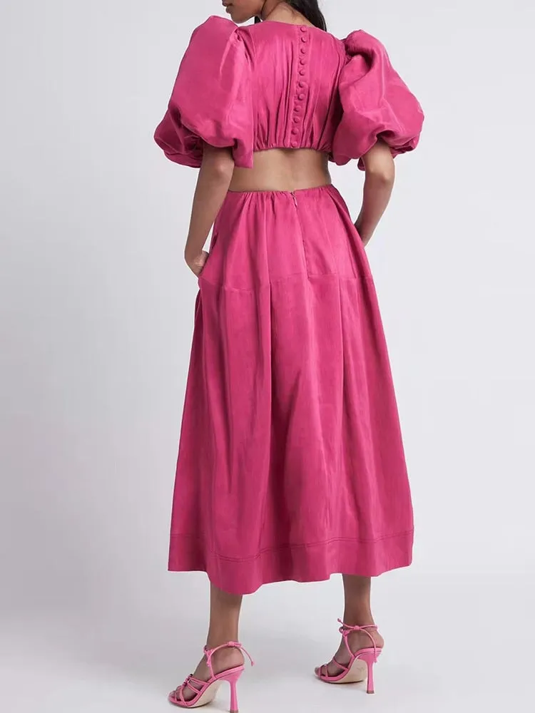 Casual Plain Cut Out Dress For Women Round Neck Short Puff Sleeve