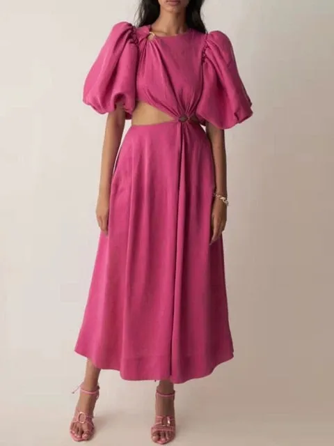 Casual Plain Cut Out Dress For Women Round Neck Short Puff Sleeve