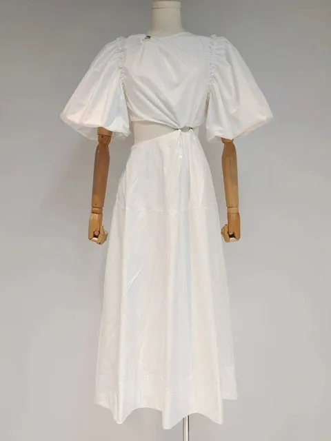Casual Plain Cut Out Dress For Women Round Neck Short Puff Sleeve