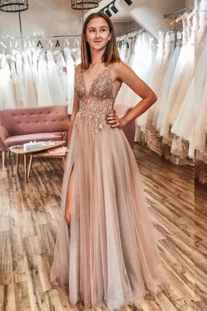 champagne v neck tulle long prom dress champagne tulle formal dress