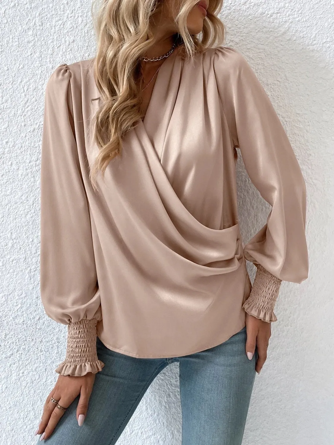 Charli Surplice Smocked Lantern Sleeve Blouse
