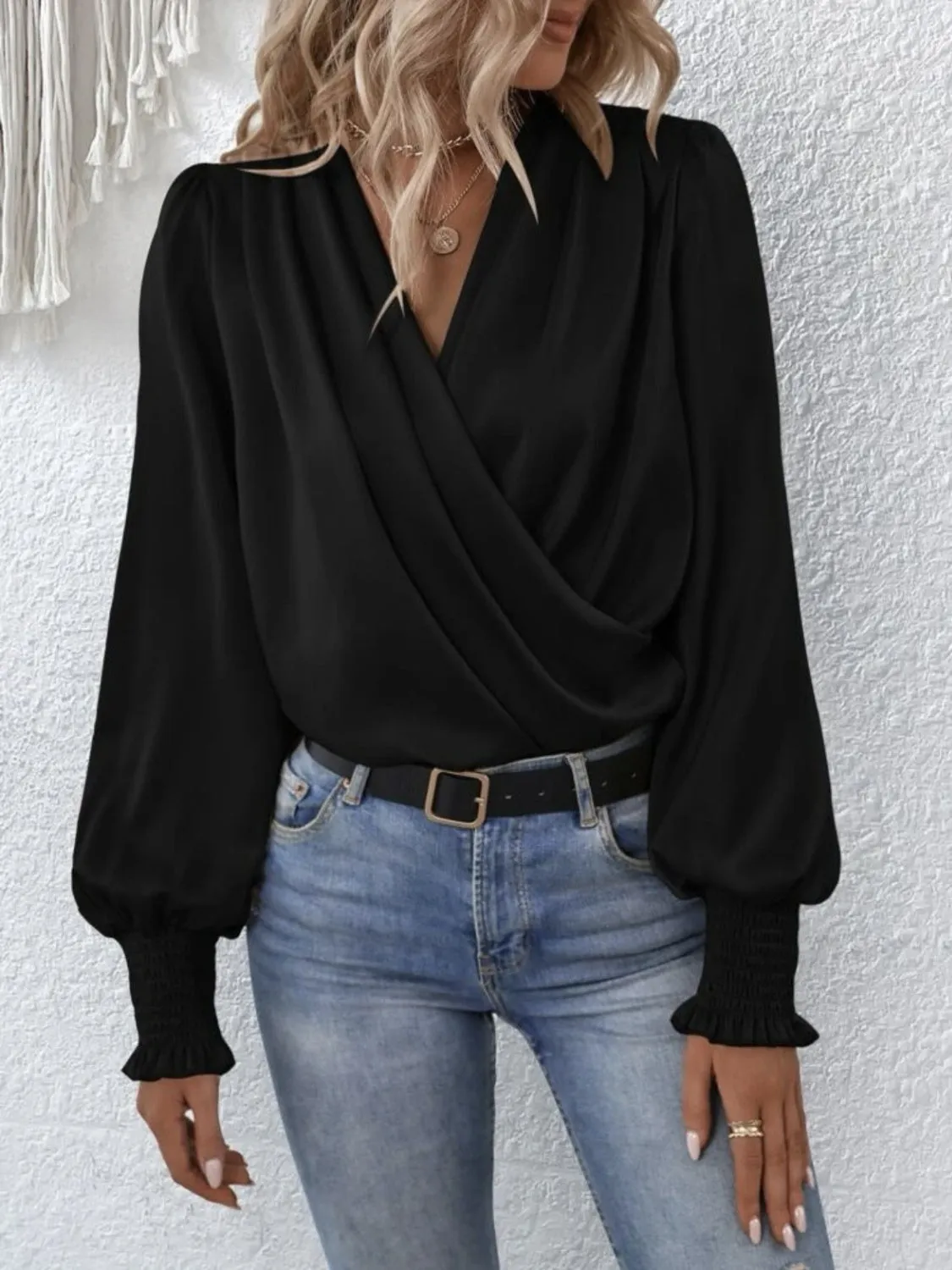 Charli Surplice Smocked Lantern Sleeve Blouse