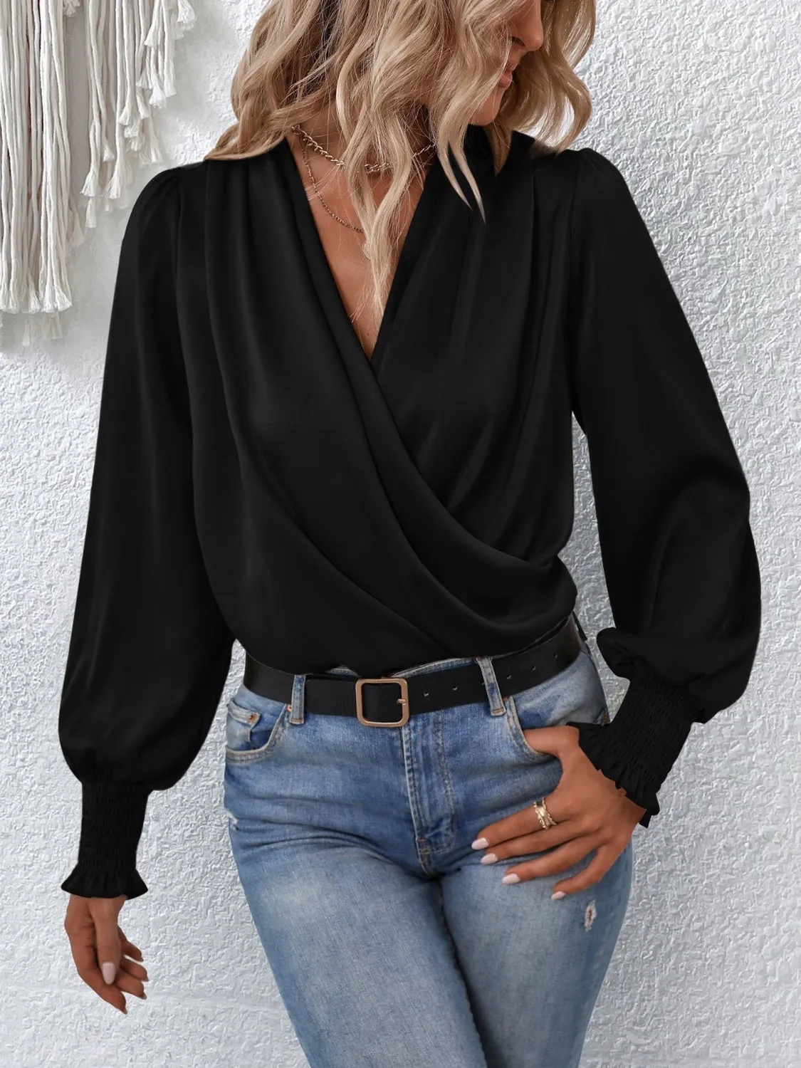 Charli Surplice Smocked Lantern Sleeve Blouse