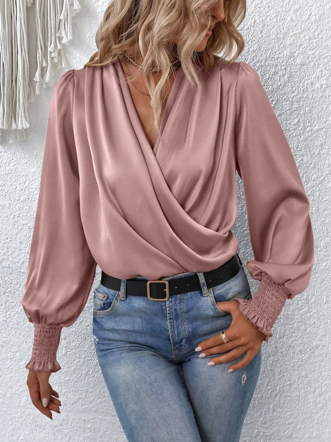 Charli Surplice Smocked Lantern Sleeve Blouse