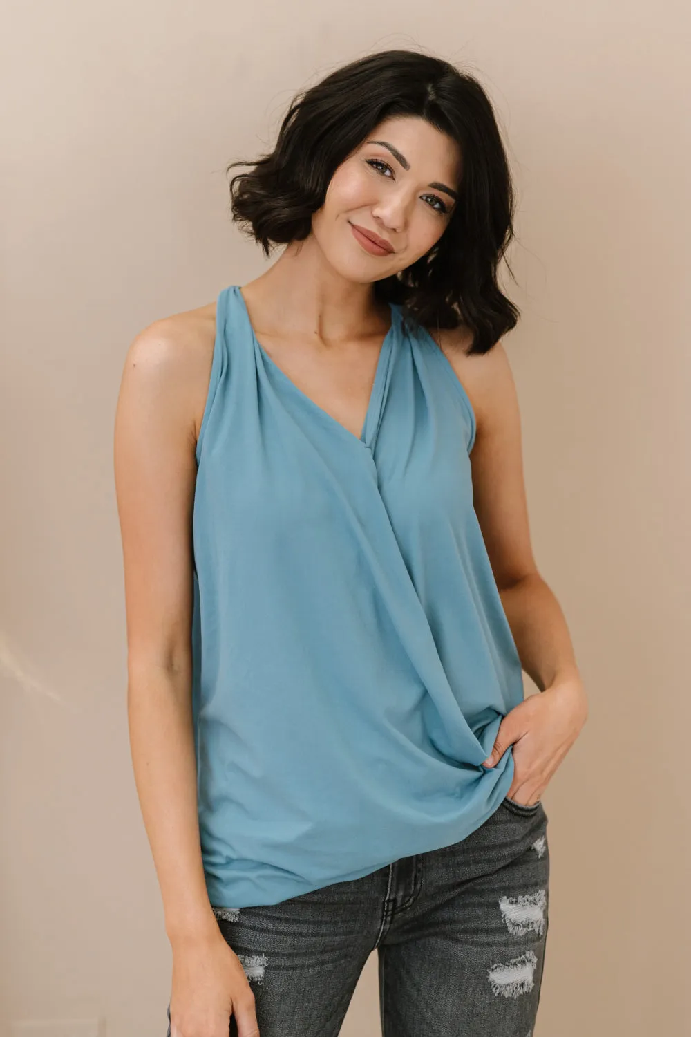 Cherished Time Surplice Top in Blue Grey