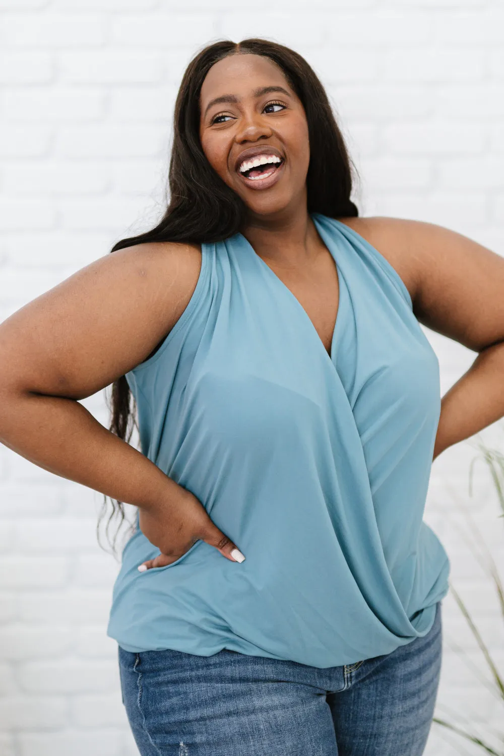 Cherished Time Surplice Top in Blue Grey