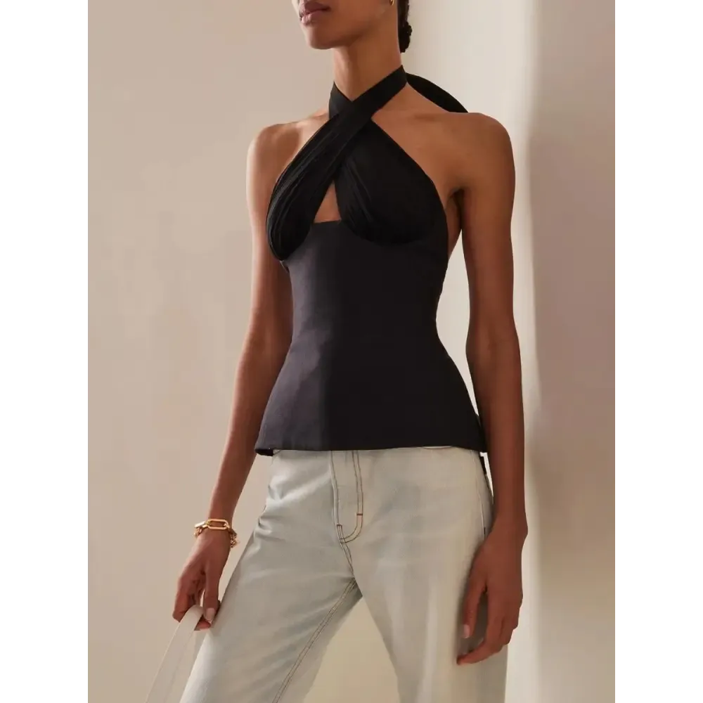 Chic Halter Neck Top with Lace-Up Detailing for Y2K Style