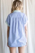 Colorblock Stripe Print Top W Collared Neck