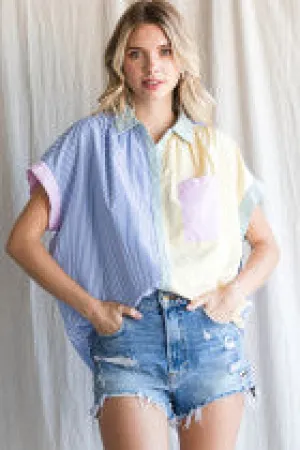 Colorblock Stripe Print Top W Collared Neck