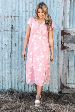 Coral Floral Print Surplice top Midi Dress