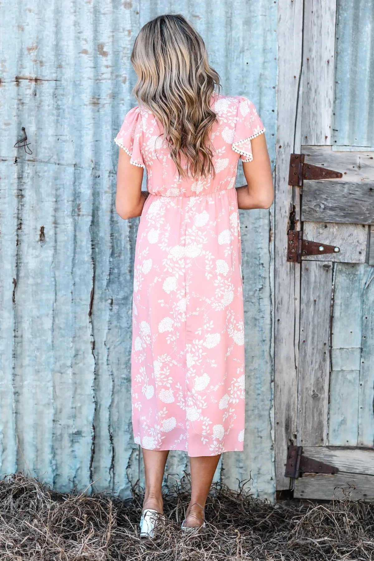 Coral Floral Print Surplice top Midi Dress
