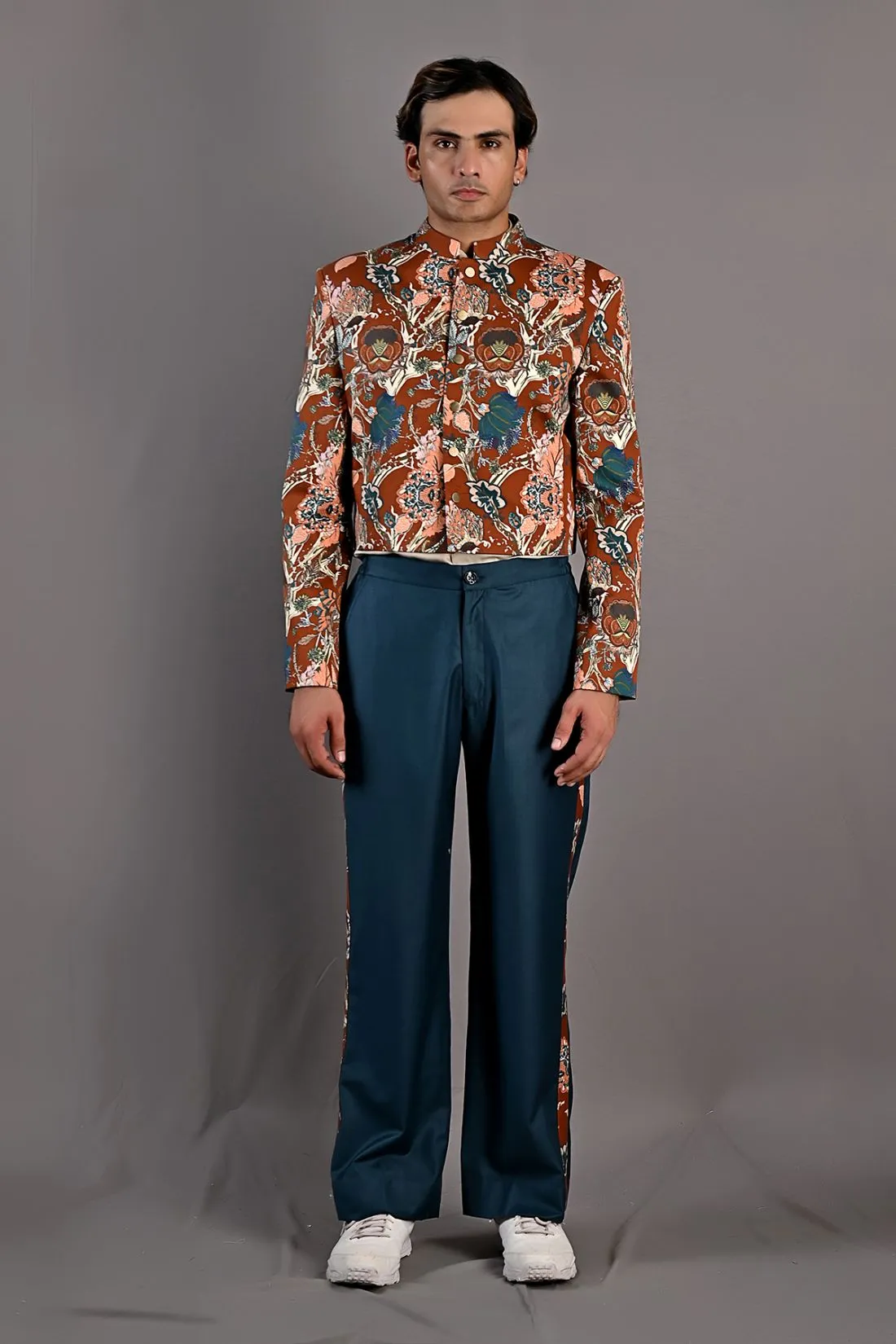 Corey - Maroon & Multi Printed Short Jacket , Shirt & Pant Set