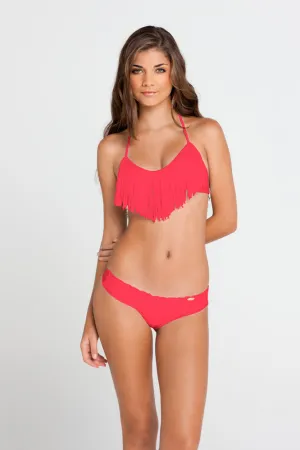 COSITA BUENA - Fringe Scoop Halter Top & Wavey Brazilian Ruched Back Bottom • Bombshell Red