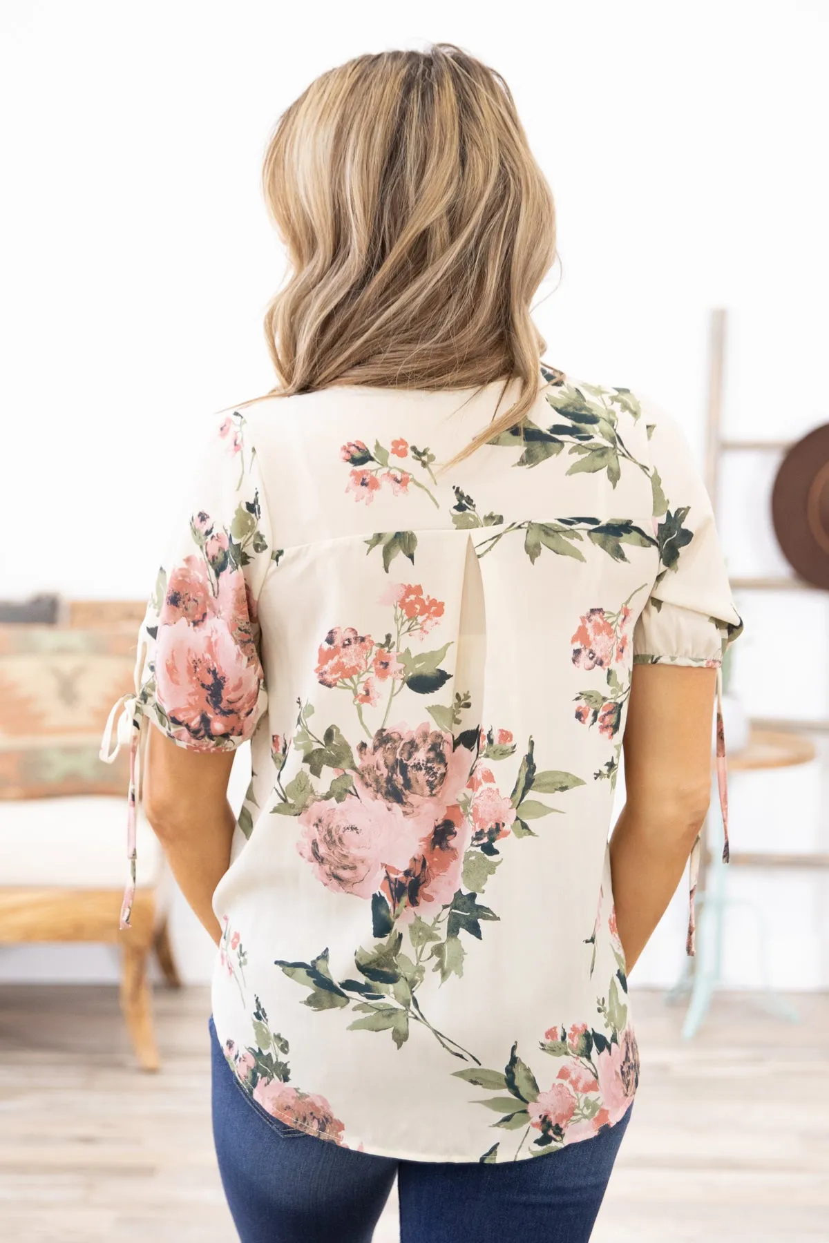 Cream Multicolor Surplice Front Floral Top