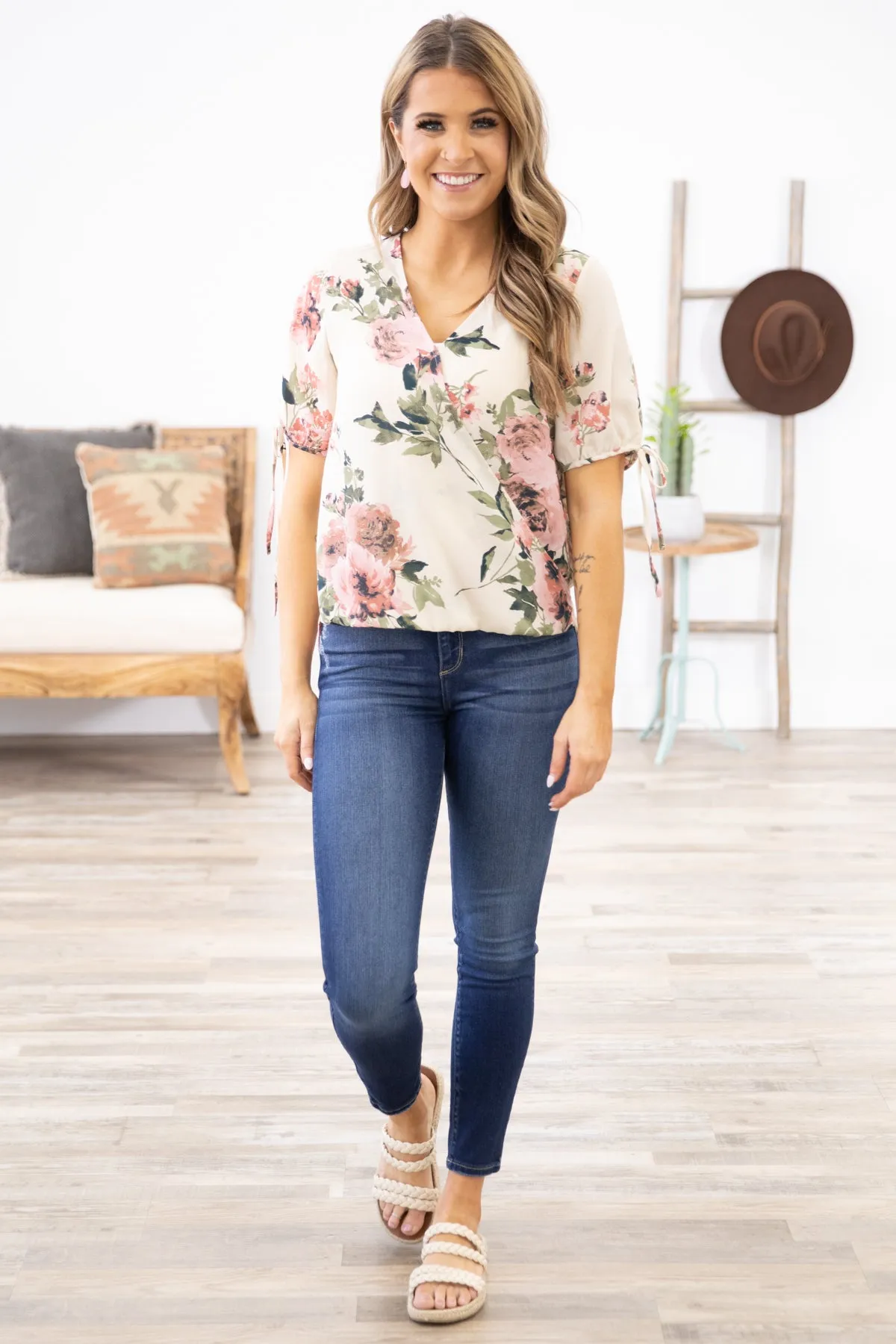 Cream Multicolor Surplice Front Floral Top