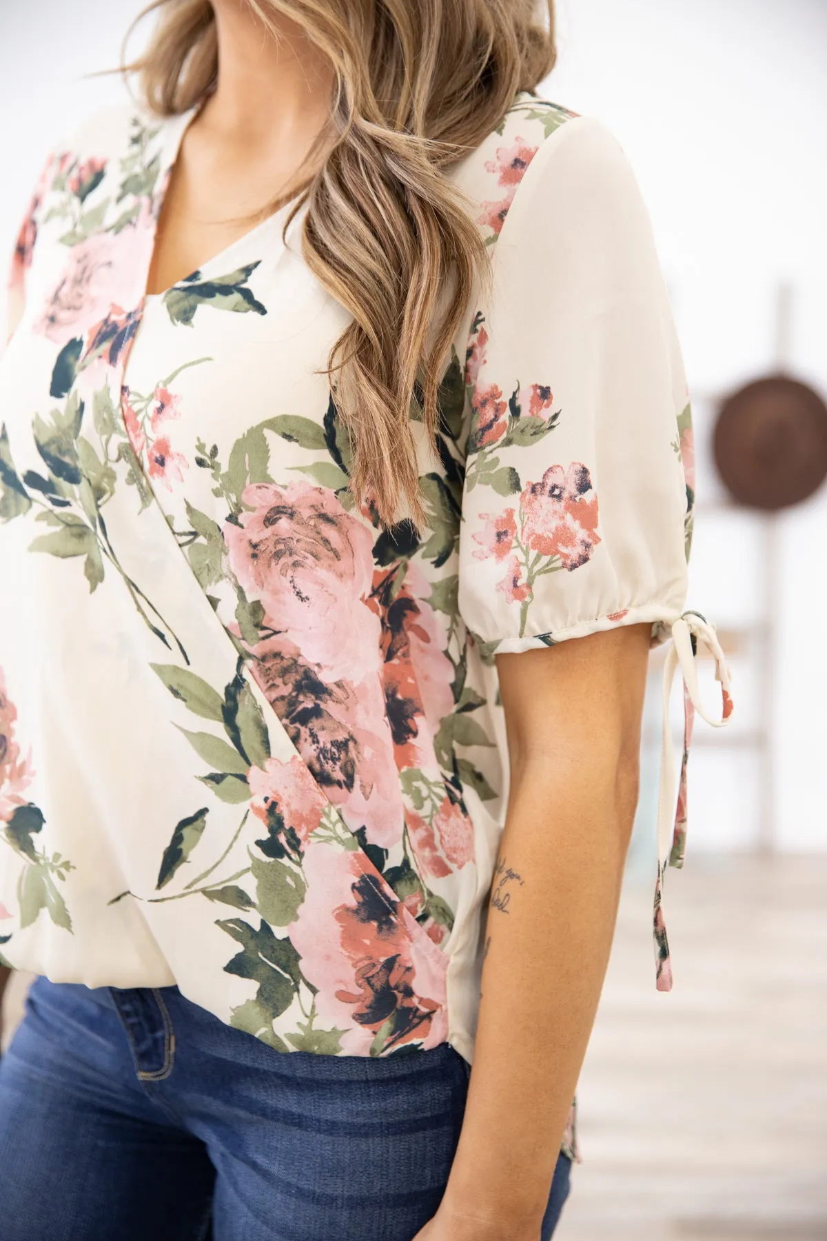 Cream Multicolor Surplice Front Floral Top