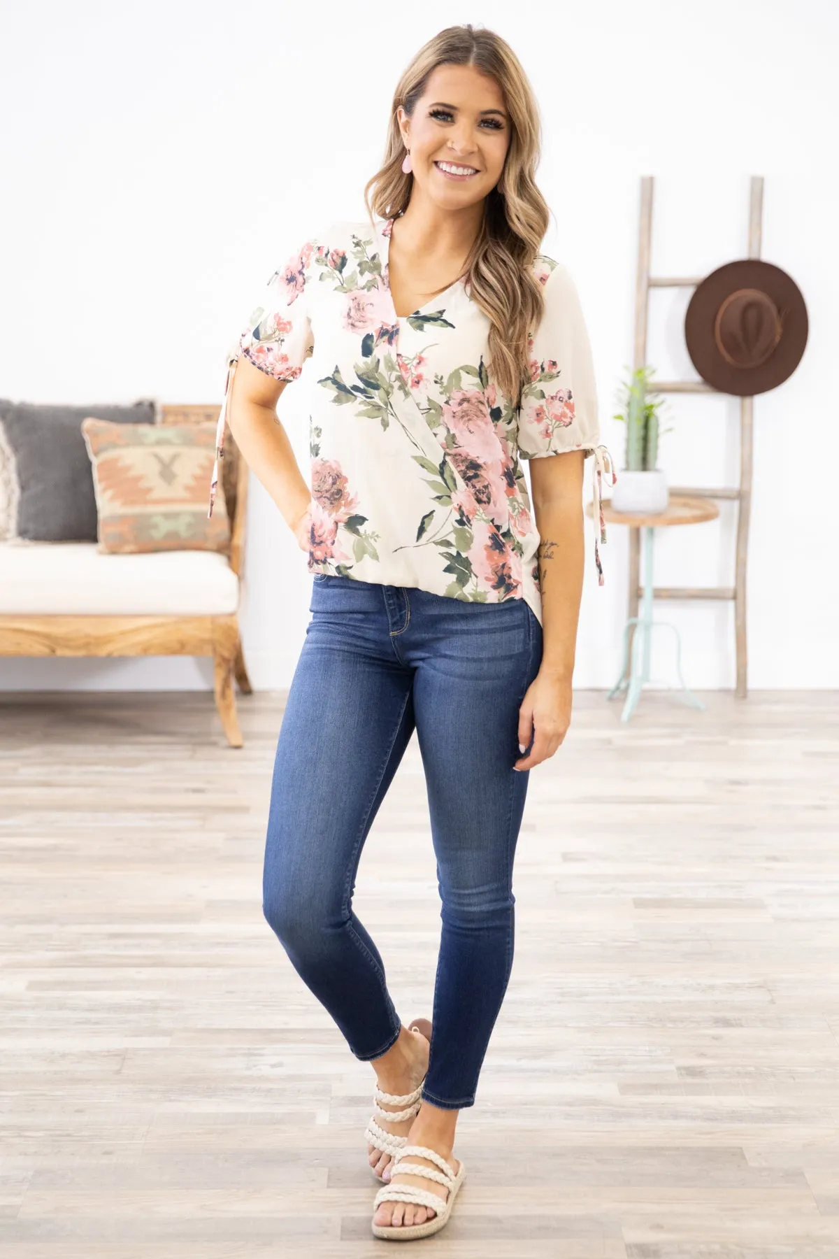 Cream Multicolor Surplice Front Floral Top