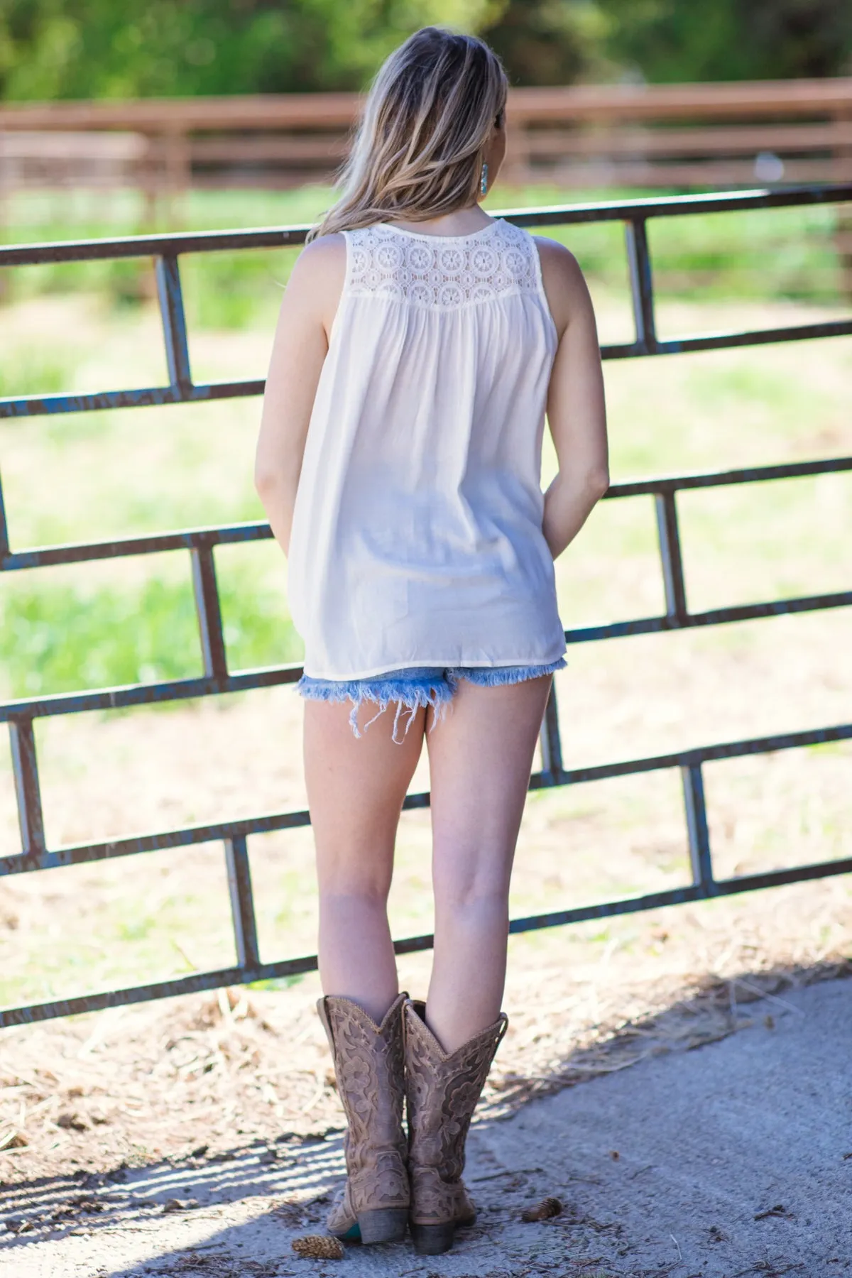 Cream Surplice Front Crochet Lace Yoke Tank
