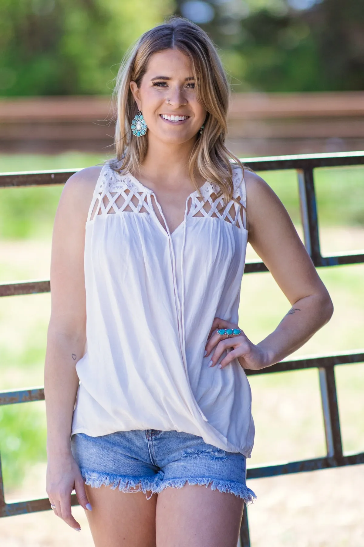 Cream Surplice Front Crochet Lace Yoke Tank