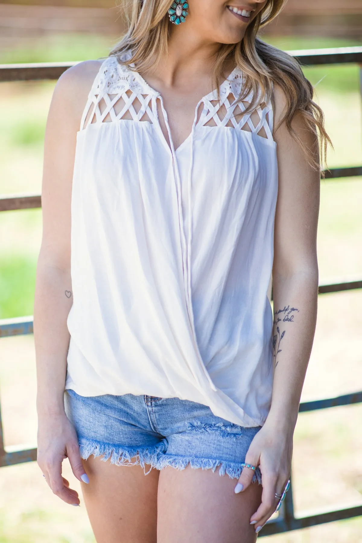 Cream Surplice Front Crochet Lace Yoke Tank
