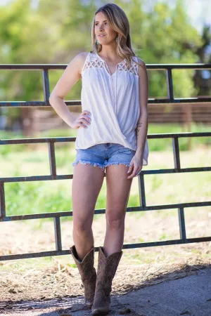 Cream Surplice Front Crochet Lace Yoke Tank