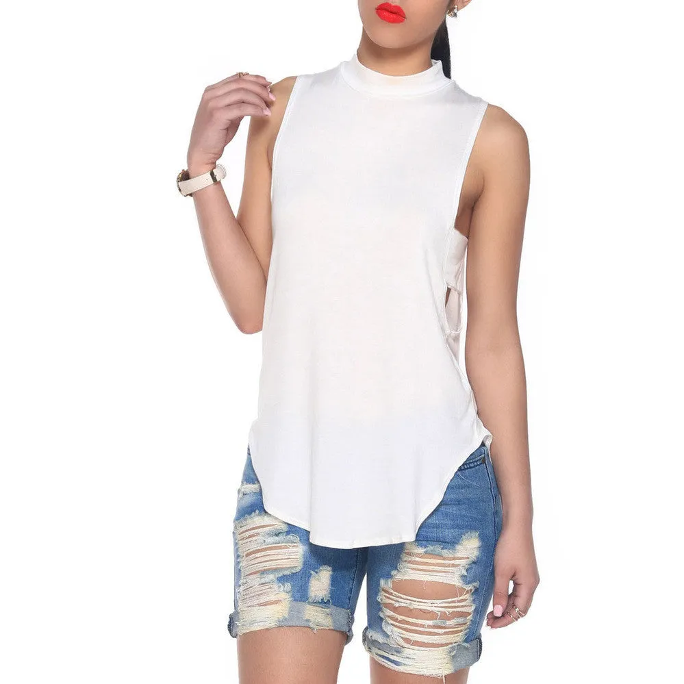 Cropped Solid Cutout Back Asymmetric Tank Top