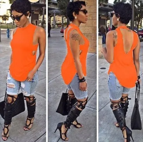 Cropped Solid Cutout Back Asymmetric Tank Top