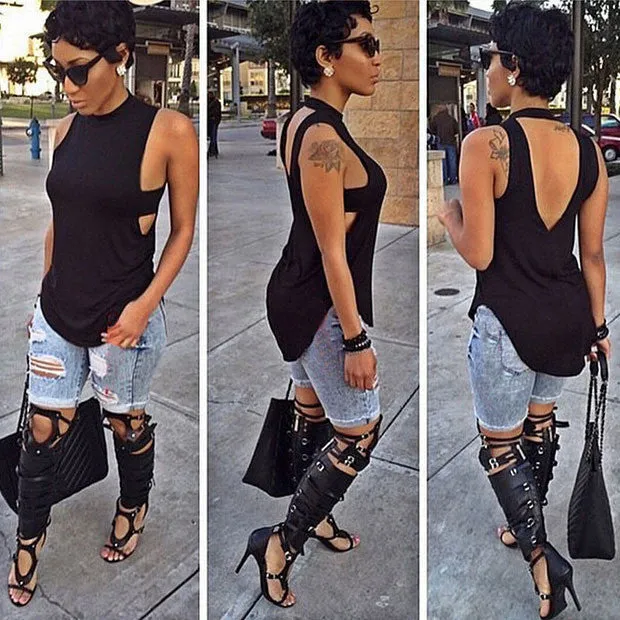 Cropped Solid Cutout Back Asymmetric Tank Top