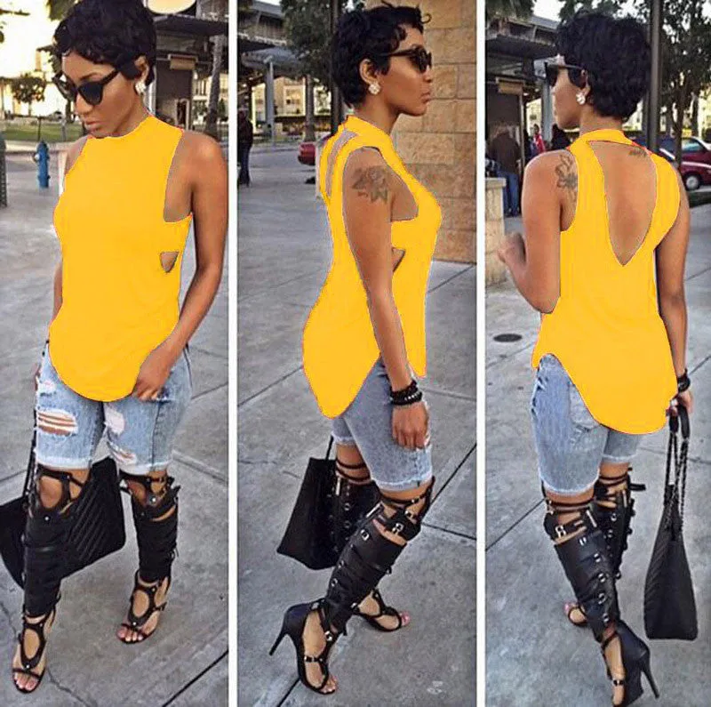 Cropped Solid Cutout Back Asymmetric Tank Top