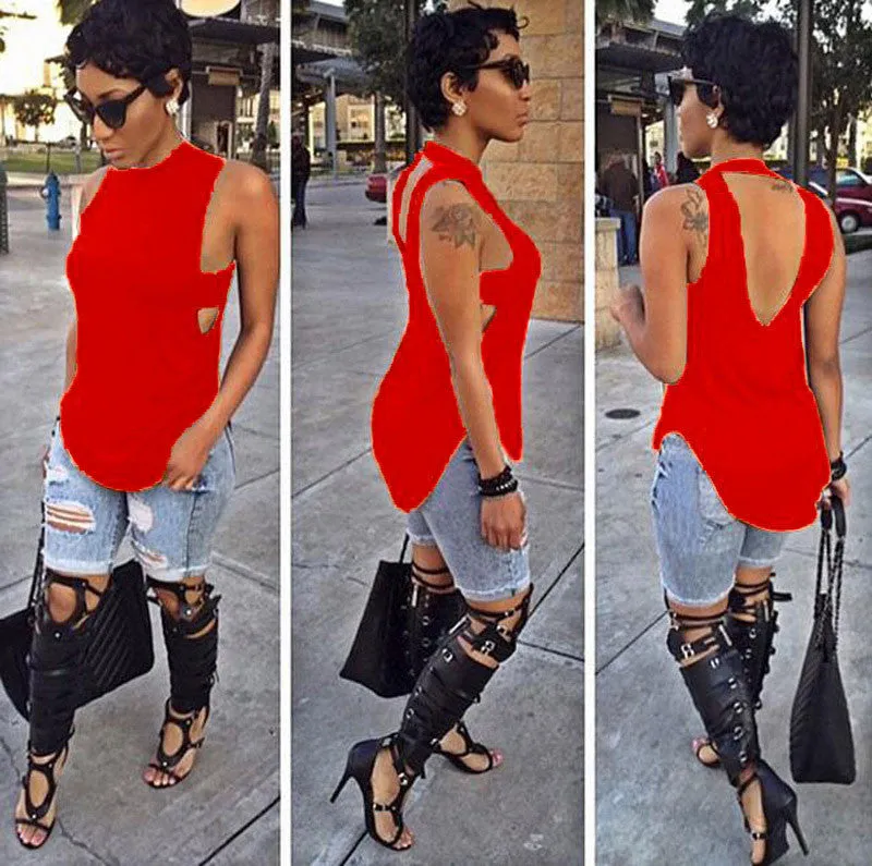 Cropped Solid Cutout Back Asymmetric Tank Top