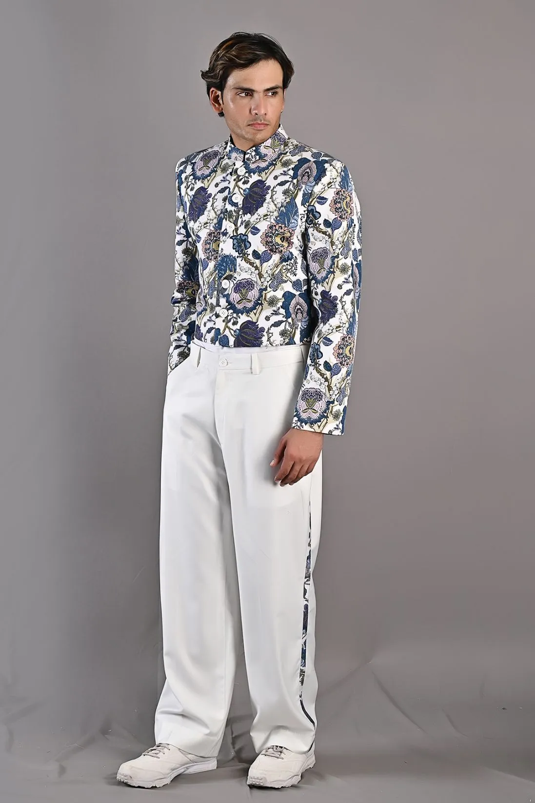 Dermot - Multi Blue Printed Short Jacket With Shirt & Pant Set