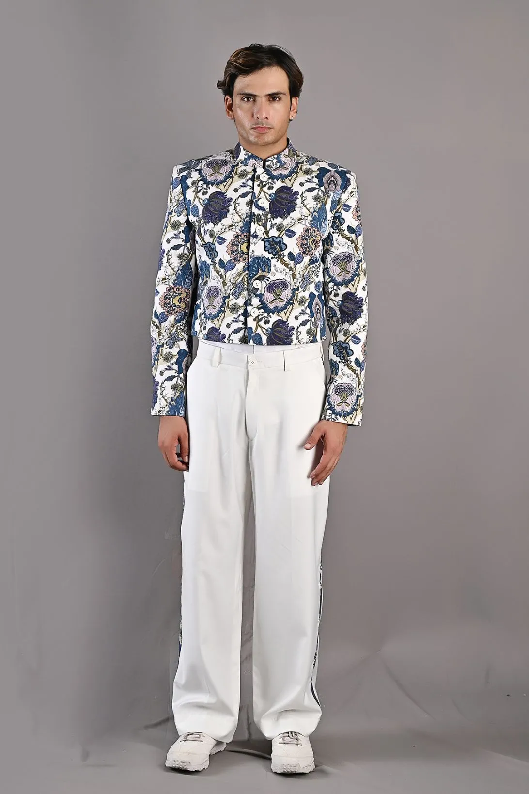 Dermot - Multi Blue Printed Short Jacket With Shirt & Pant Set